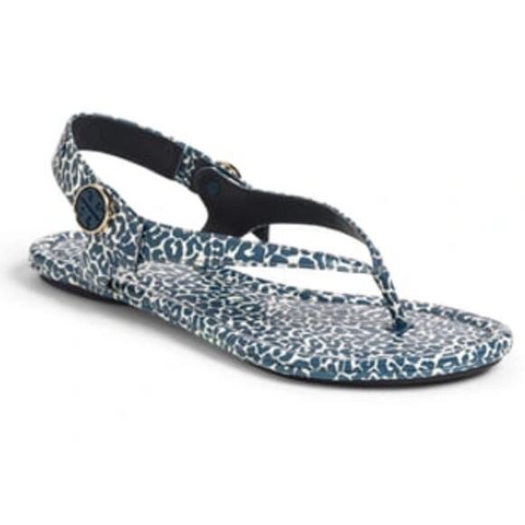 Tory Burch MINNIE TRAVEL THONG SANDAL IN TORY NAVY CLOUDED LEOPARD 9 - Picture 1 of 11